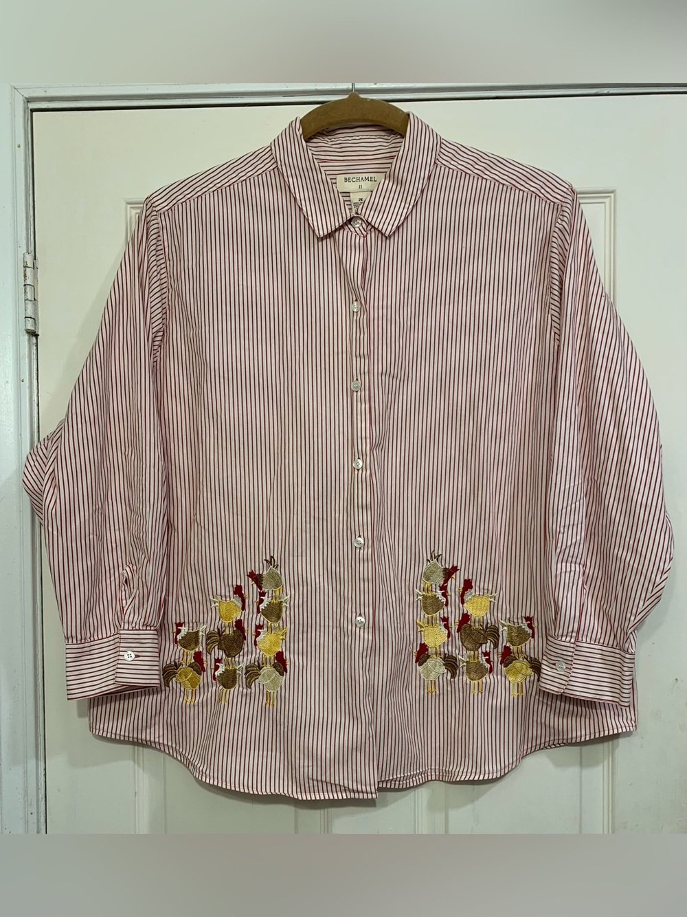 Bechamel White Brick Red Stripes Embroidered Chickens 2x Blouse.       3419